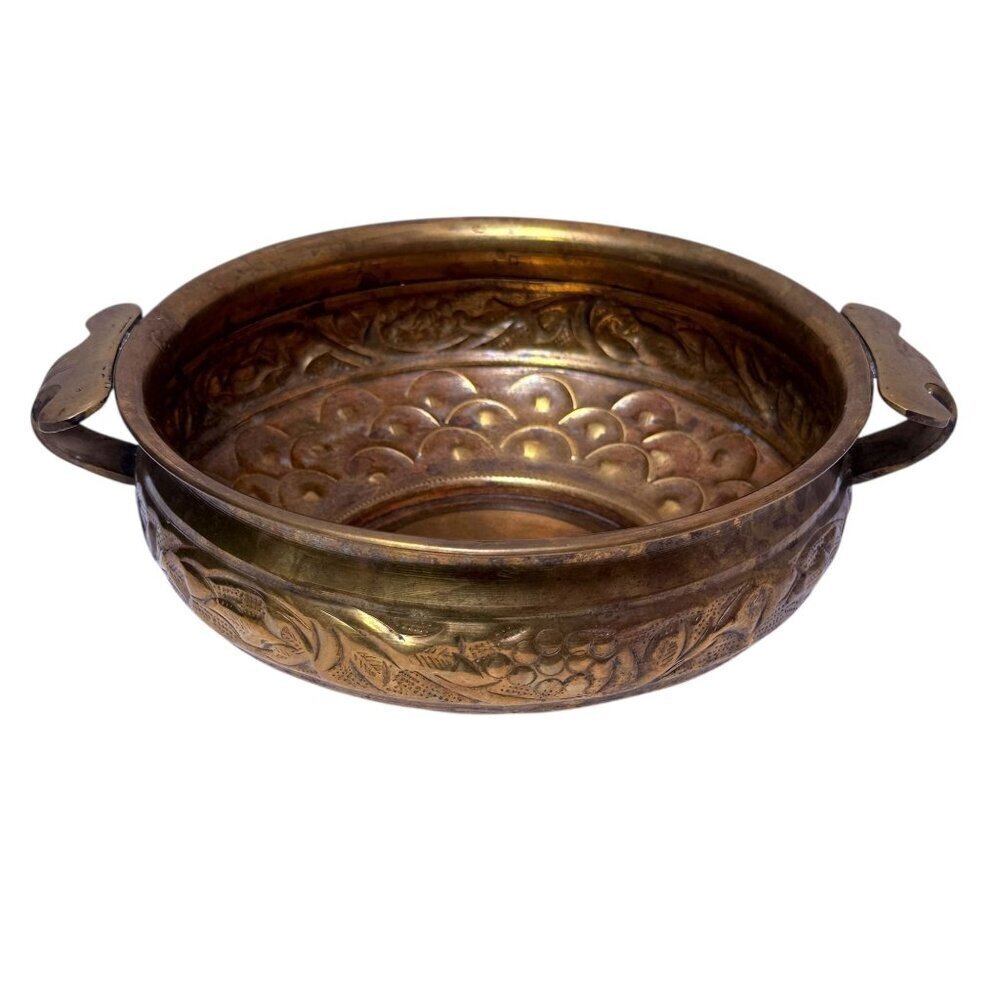 Hammered Metal Bowl with handles 8.75" Round Boho Rustic Decor Brass Tone